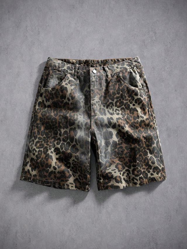 leopard print distressed denim casual shorts