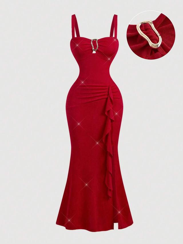 burgundy sleeveless ruched hip fishtail bodycon dress