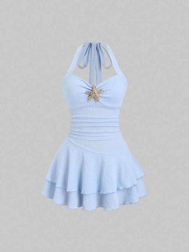 baby blue textured halter neck ruched mini dress