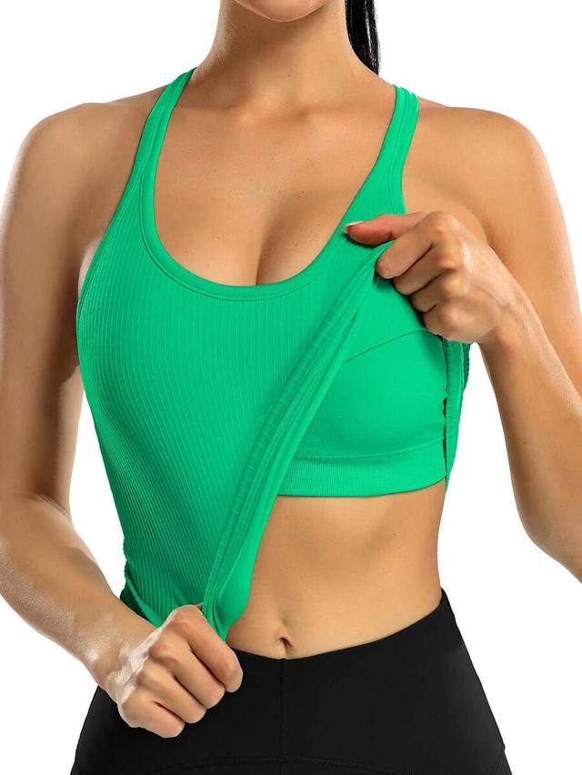 women round-neck solid color sports tank top with built-in bra