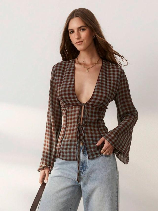 aralina brown plaid lace up front flare sleeve blouse