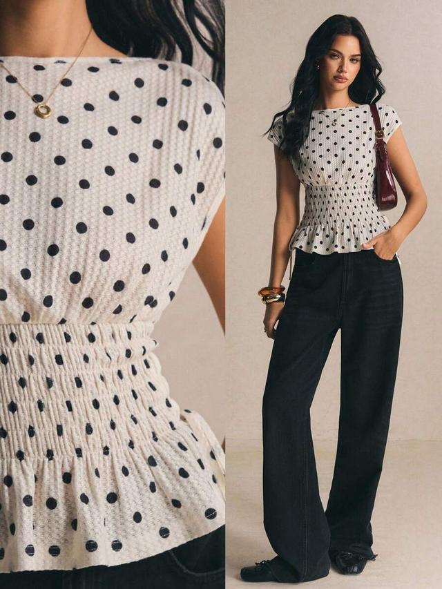 polka dot smocked waist casual peplum top