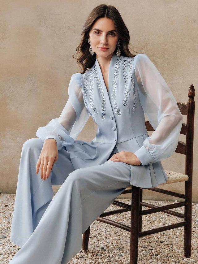 light blue rhinestone embellished mesh sleeve fitted blouse