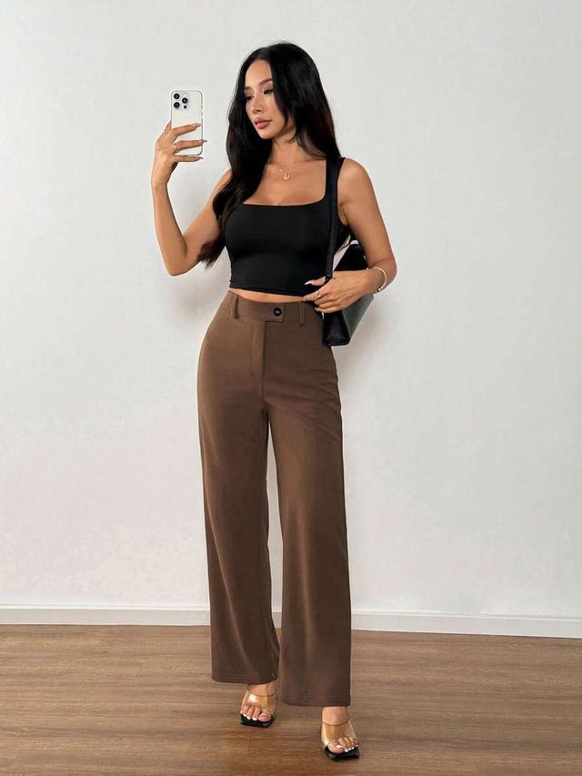 brown solid color straight leg wide leg trousers