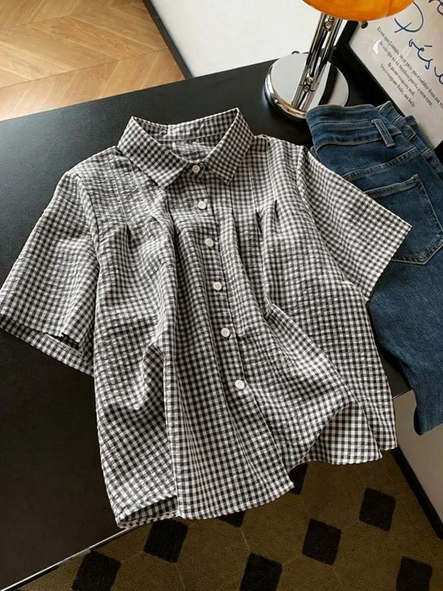 black and white gingham short sleeve button up shirt