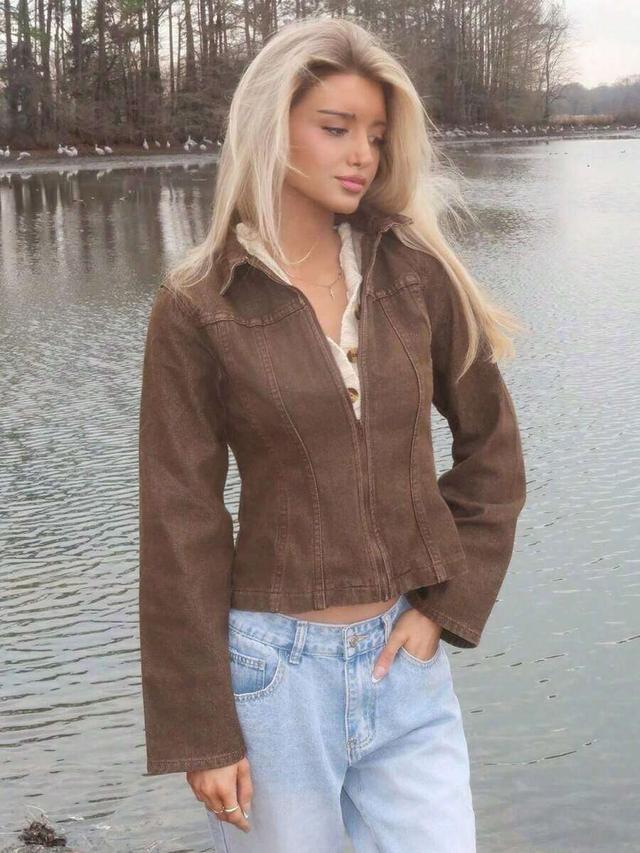 washed brown denim paneled zip up collared jacket