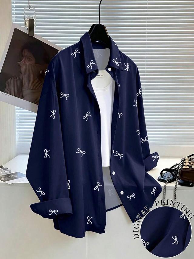 navy blue bow print button down long sleeve shirt