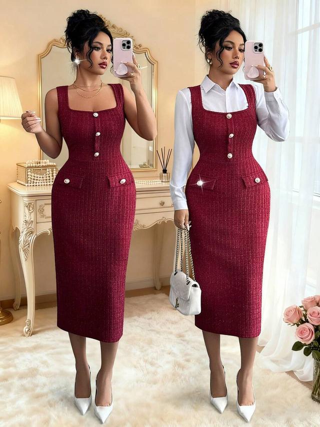 burgundy silver thread tweed square collar sleeveless bodycon dress