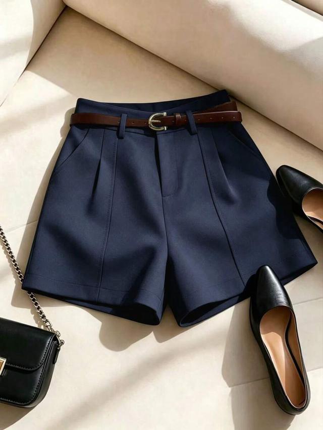 navy blue high waisted tailored commuter shorts