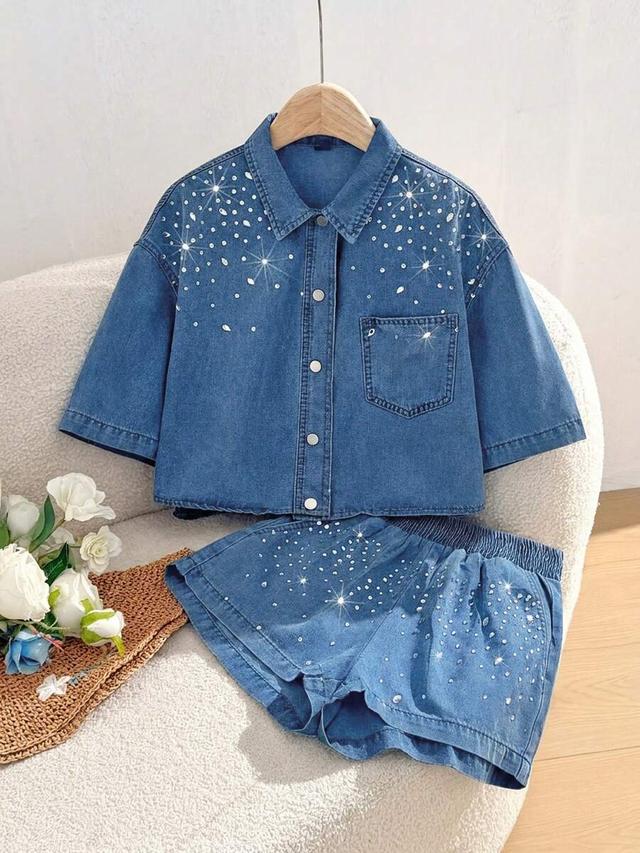 rhinestone embellished denim shirt and matching shorts set