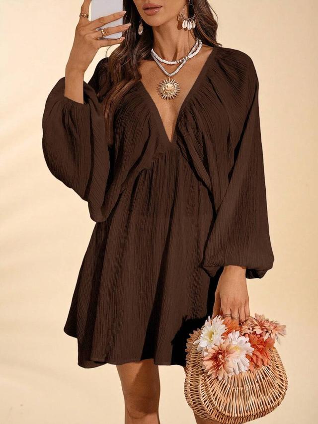 solid color woven v-neck long sleeve mini dress