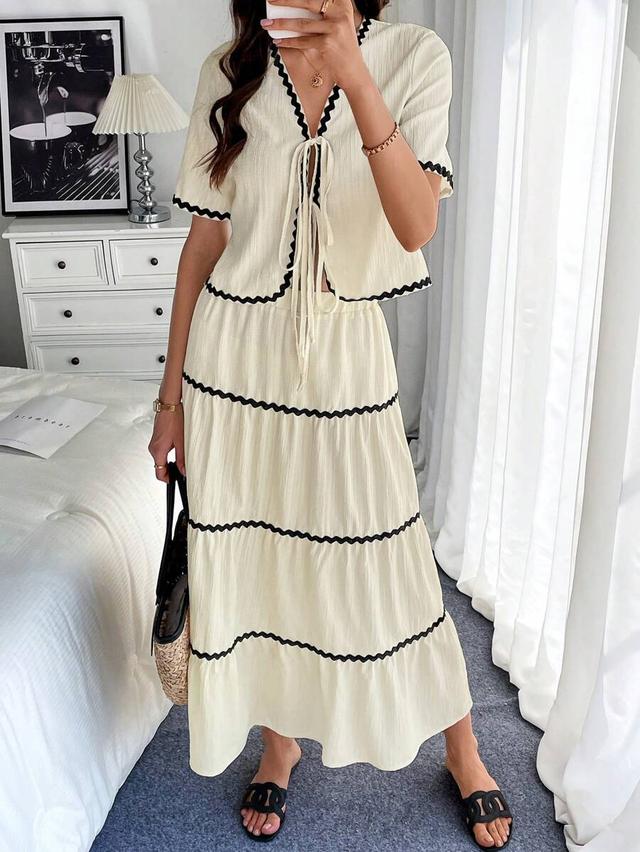 breezaya elegant floral trim short sleeve top and skirt set