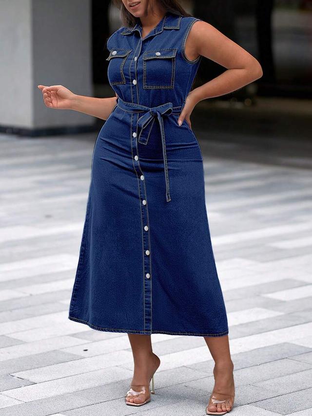 women's sleeveless washed denim midi dress with belt