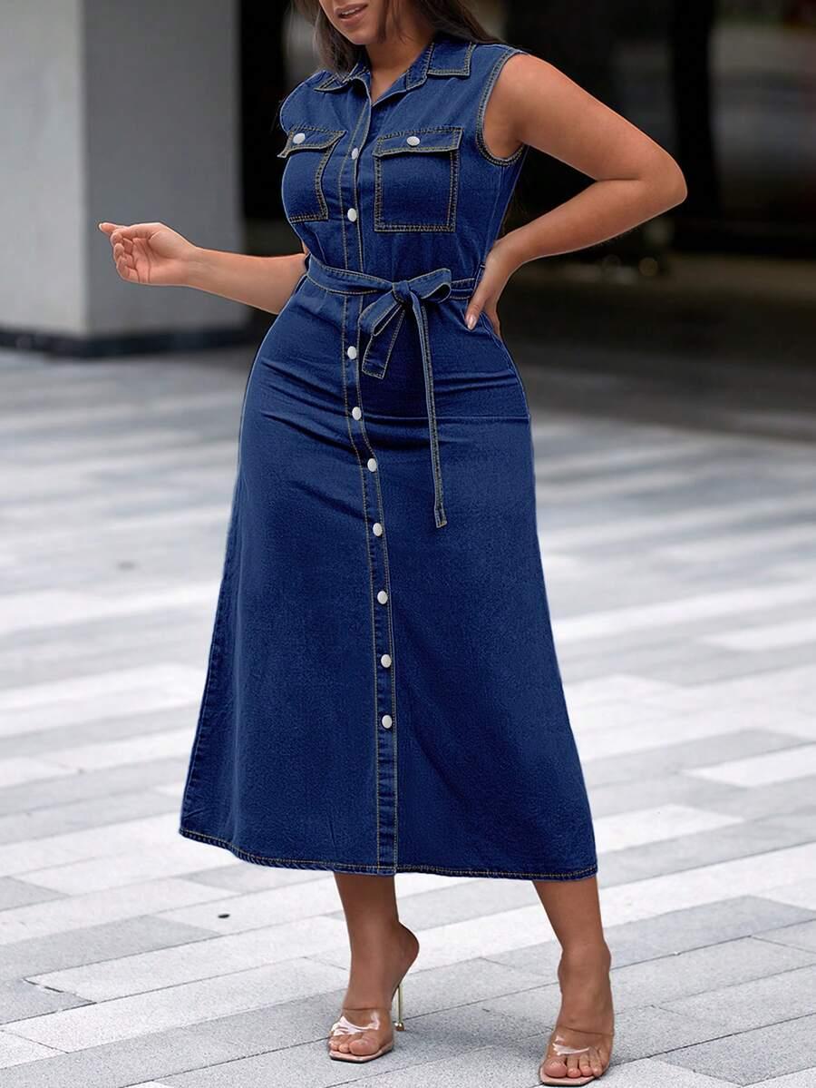 women's sleeveless washed denim midi dress with belt