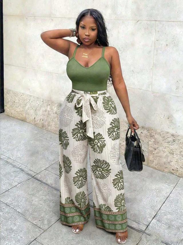 olive green floral print wide leg trousers