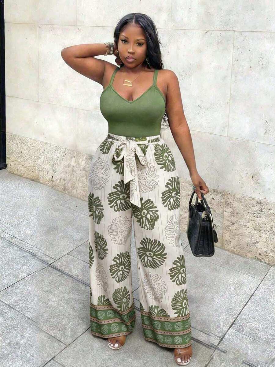 olive green floral print wide leg trousers