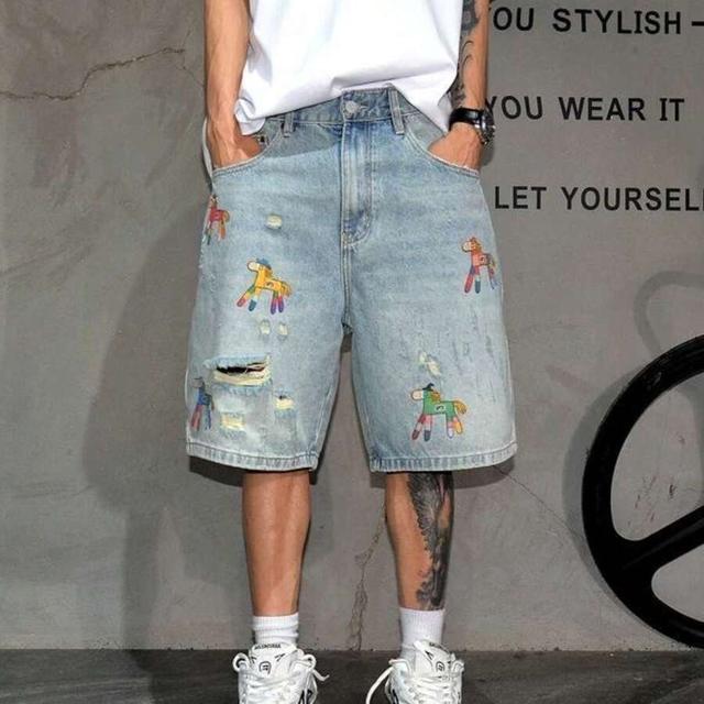 men's light wash ripped denim shorts with horse embroidery