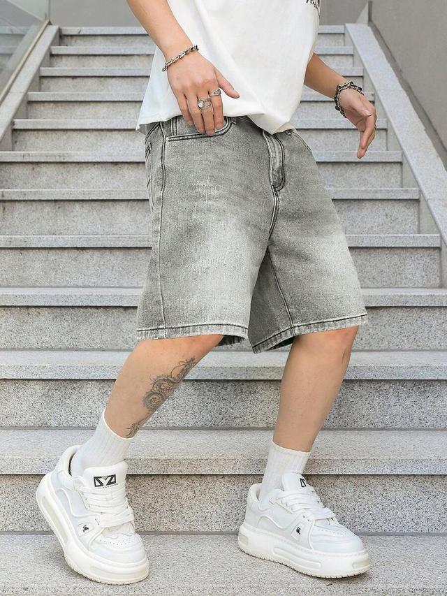 grey washed denim loose fit casual shorts