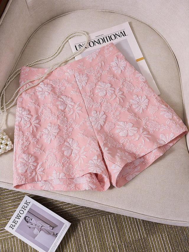 dusty pink floral embossed jacquard high-waisted shorts