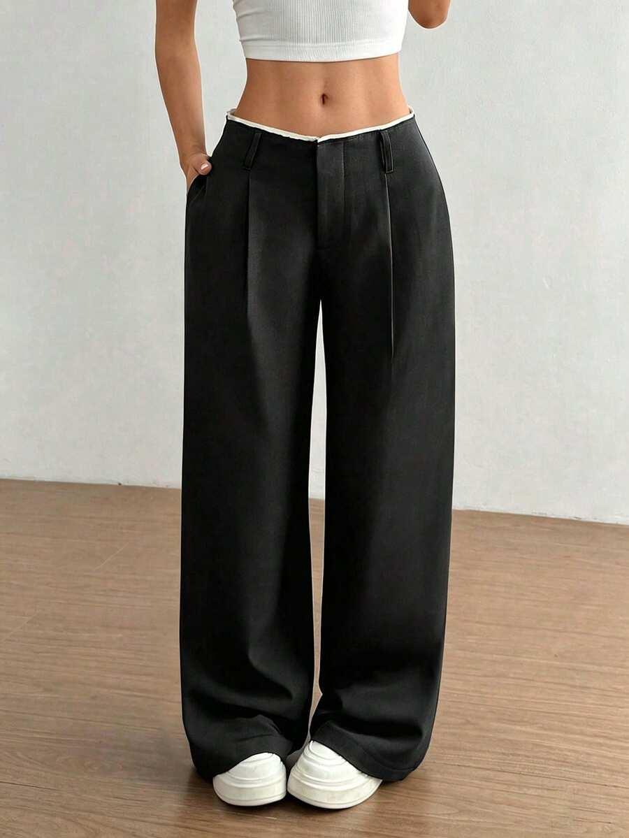 versatile black draped straight leg trousers