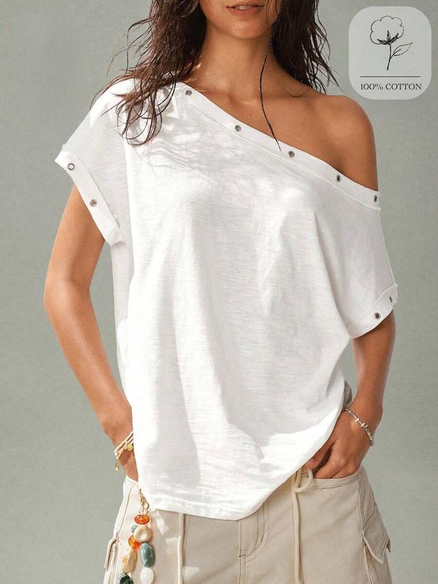 white asymmetric neck cotton top with metal snap buttons