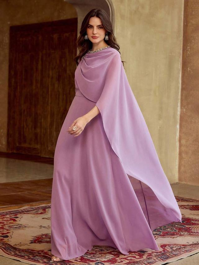 elegant lavender chiffon draped long dress with rhinestone chain