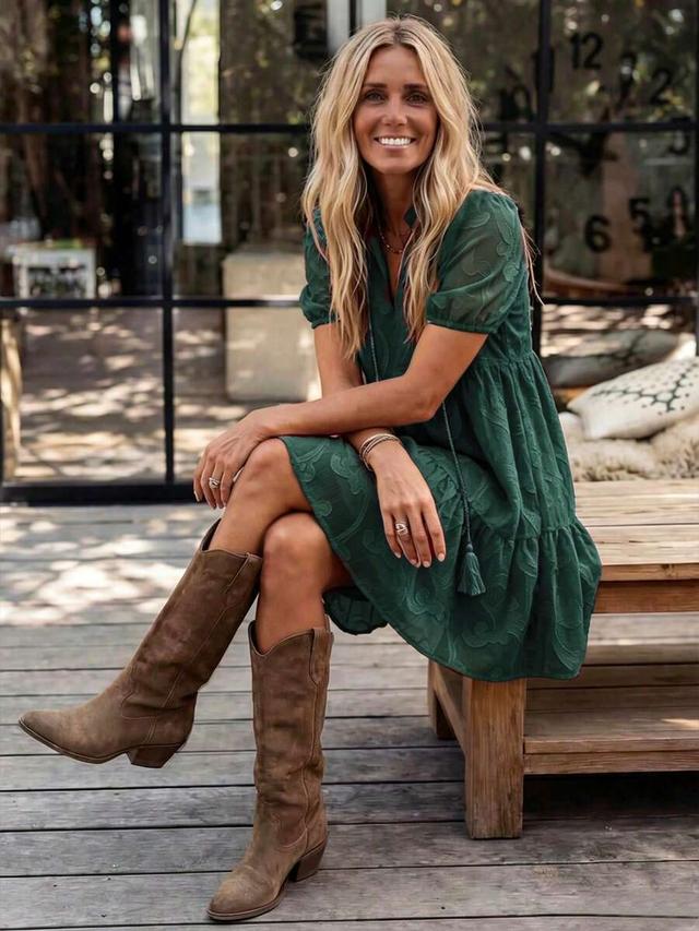 green chiffon jacquard ruffle hem babydoll dress