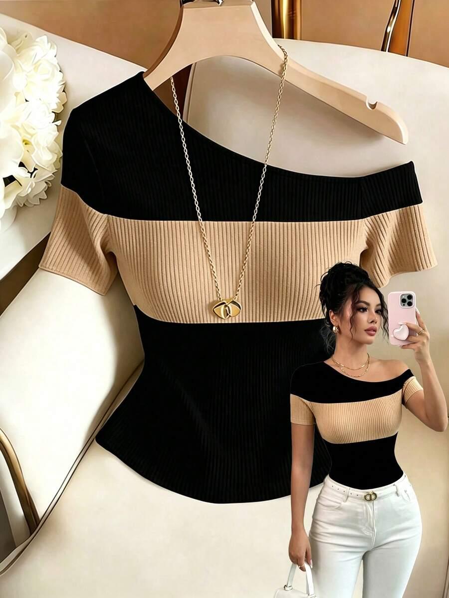 black and apricot striped asymmetric shoulder fitted blouse
