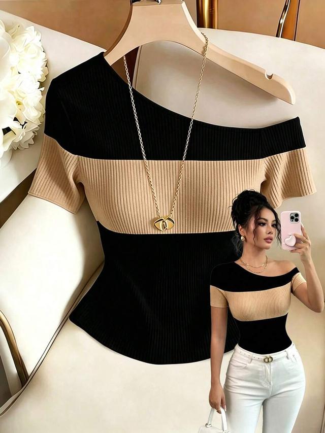 black and apricot striped asymmetric shoulder fitted blouse