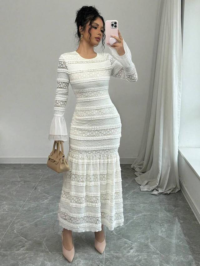 white lace tiered slim-fit long dress