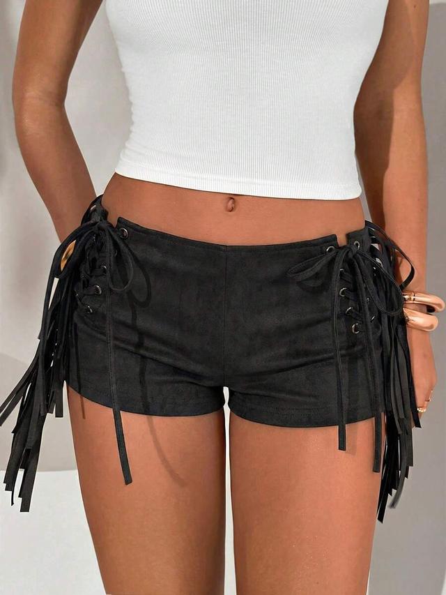 bohemian style faux suede lace-up tassel shorts