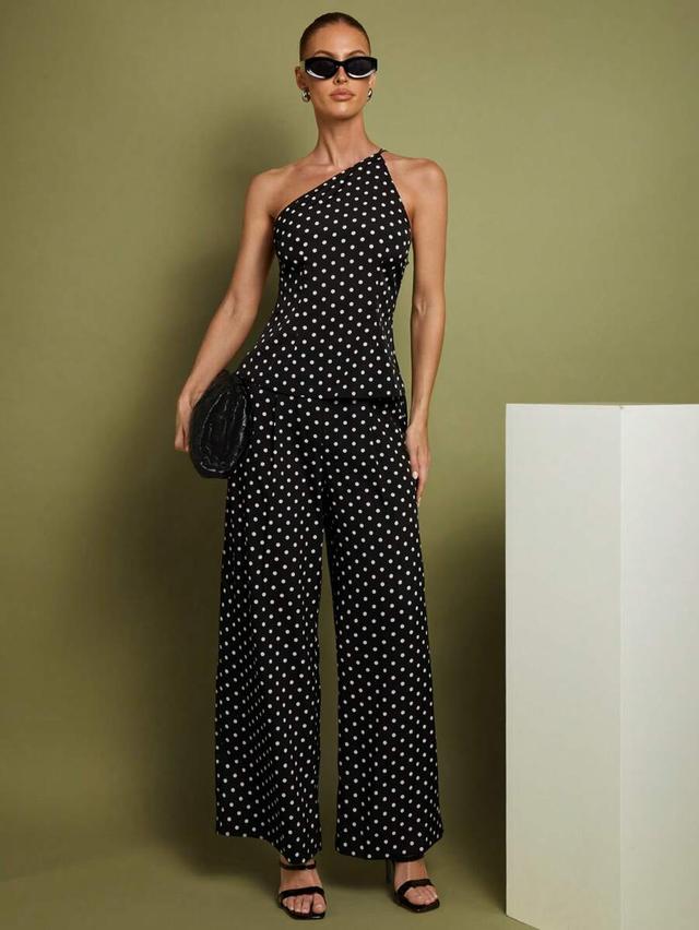 black and white polka dot one-shoulder top and trousers set