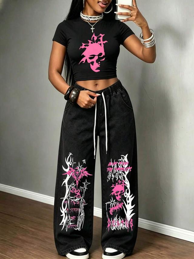 women's black graffiti print drawstring straight leg jeans