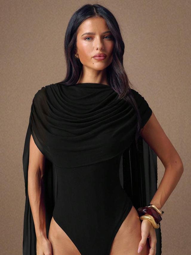 elegant black draped chiffon bodysuit