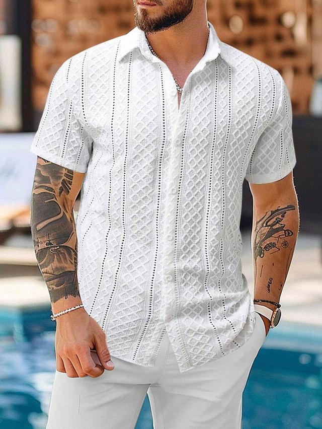 white textured diamond pattern short sleeve button up shirt