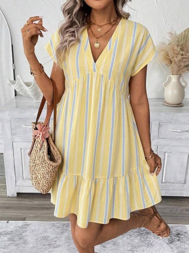 yellow striped v-neck cotton summer dress