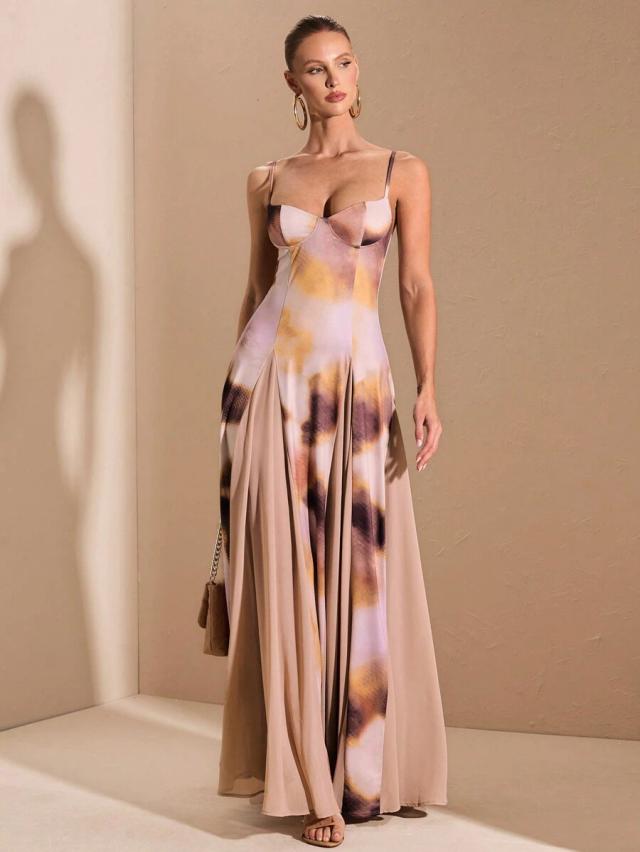 printed satin corset midi dress with pleated skirt