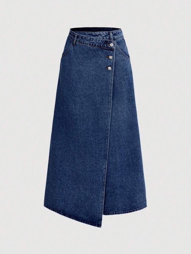 denim midi straight skirt with asymmetrical button closure