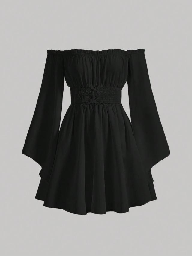off shoulder black trumpet sleeve mini dress