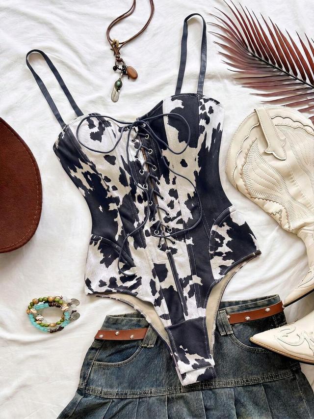 cow print suede lace-up corset bodysuit