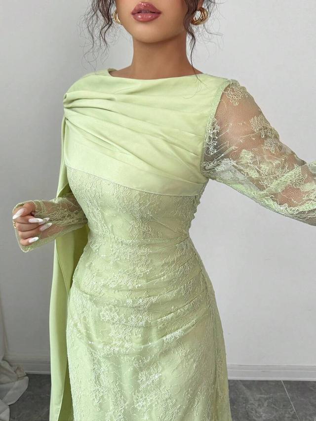 lime green lace long sleeve pleated banquet dress