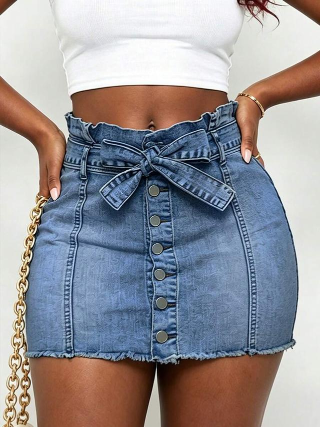 high waist stretch denim mini skirt with bow detail