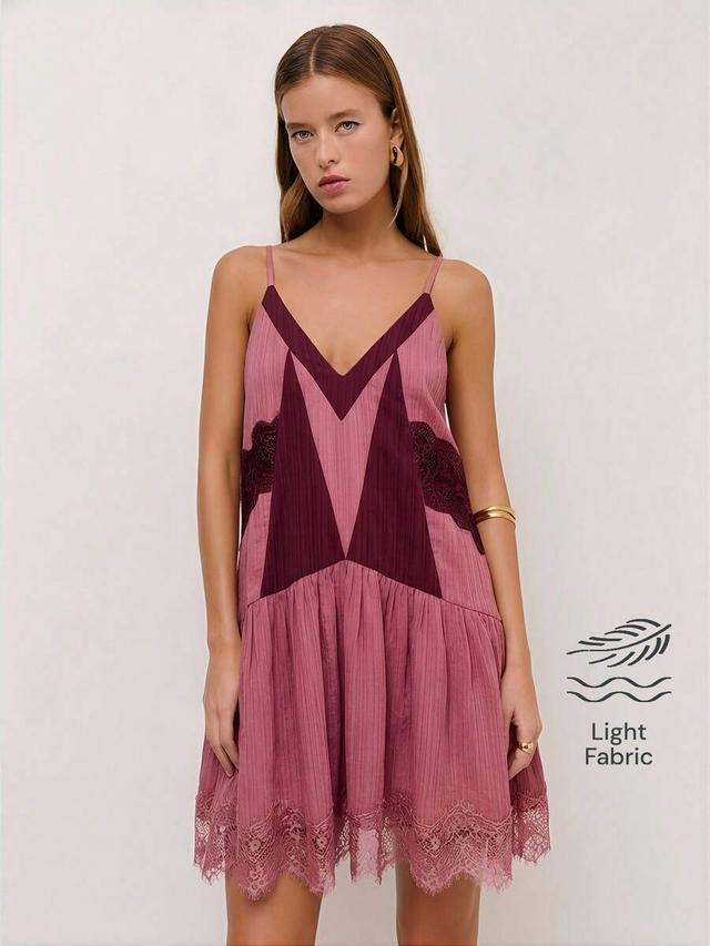 nöista brown slip dress with lace trim and flared hem