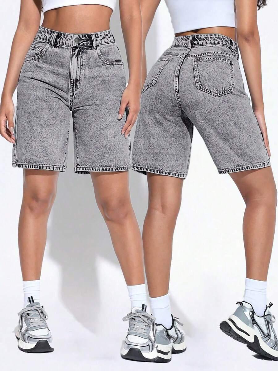 acid wash grey denim bermuda shorts