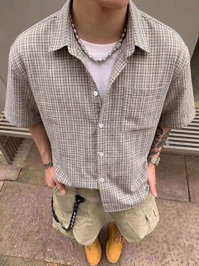 grey plaid short sleeve casual button up shirt