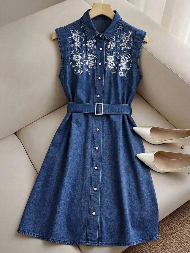 gloweve women's floral print single-breasted casual sleeveless denim dress
