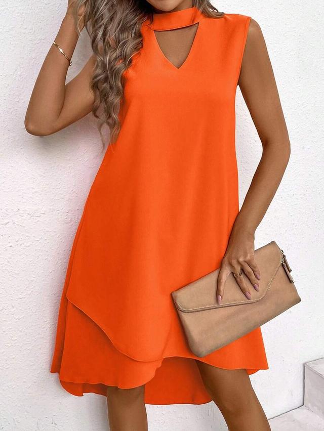 solid orange sleeveless keyhole neckline shift dress