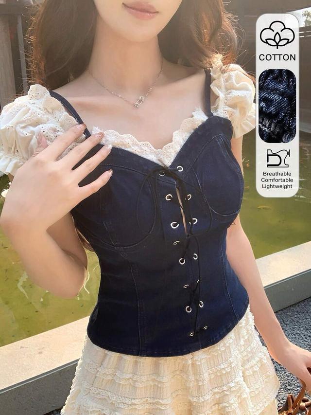 navy blue denim lace trim corset top