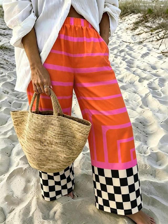 vaclyn casual colorblock checkerboard floral print elastic pants