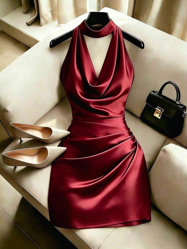 burgundy satin cowl neck draped mini dress